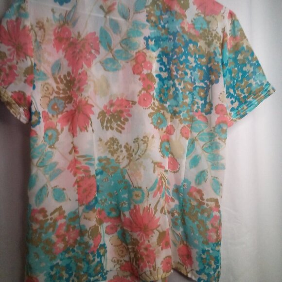 Emma James Blouse M Short Sleeve Button Up Sheer Floral Blue Pink - Picture 4 of 16